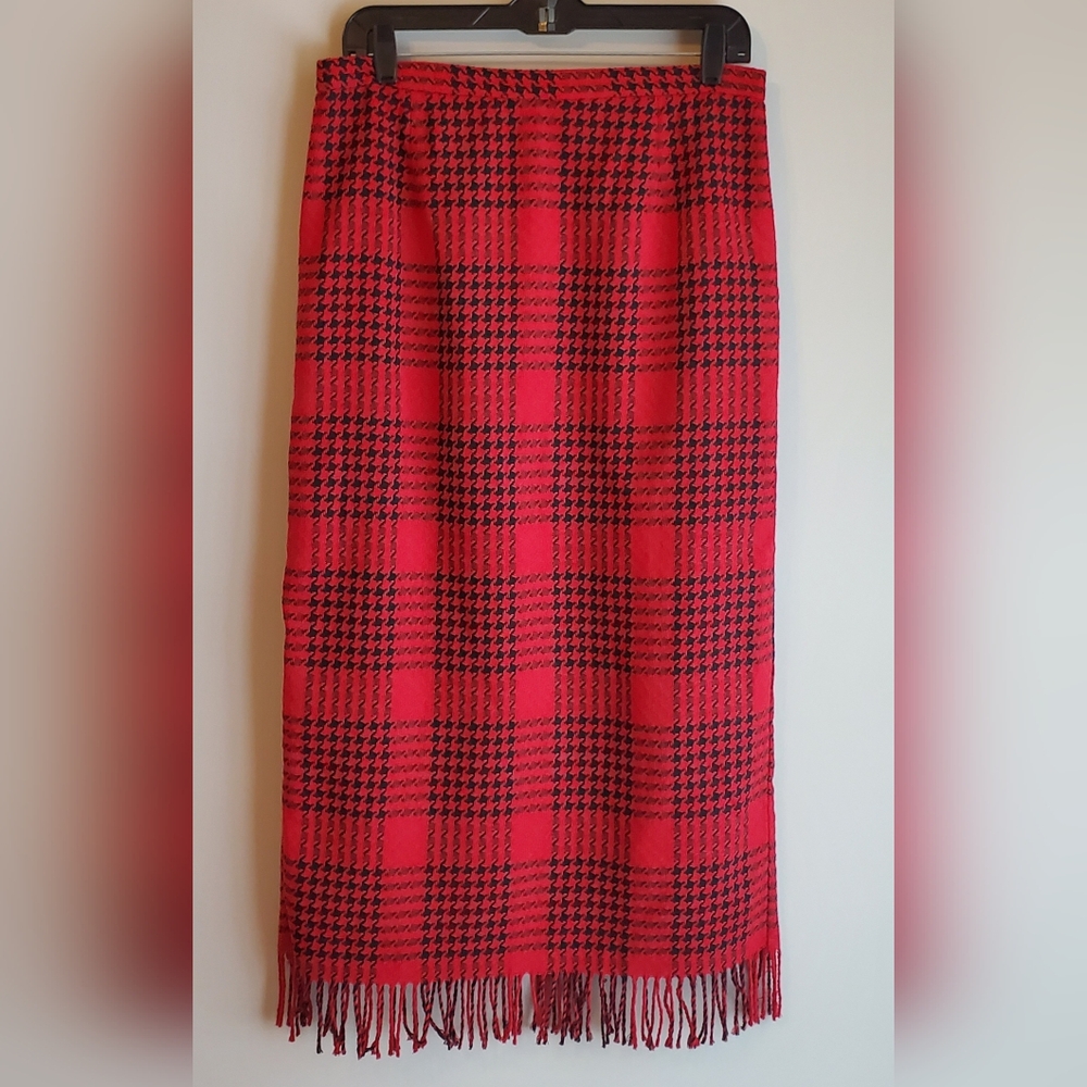 Vtg Womens Requirements Red And Black Houndstooth Wool Blend Lined Skirt, Sz 12